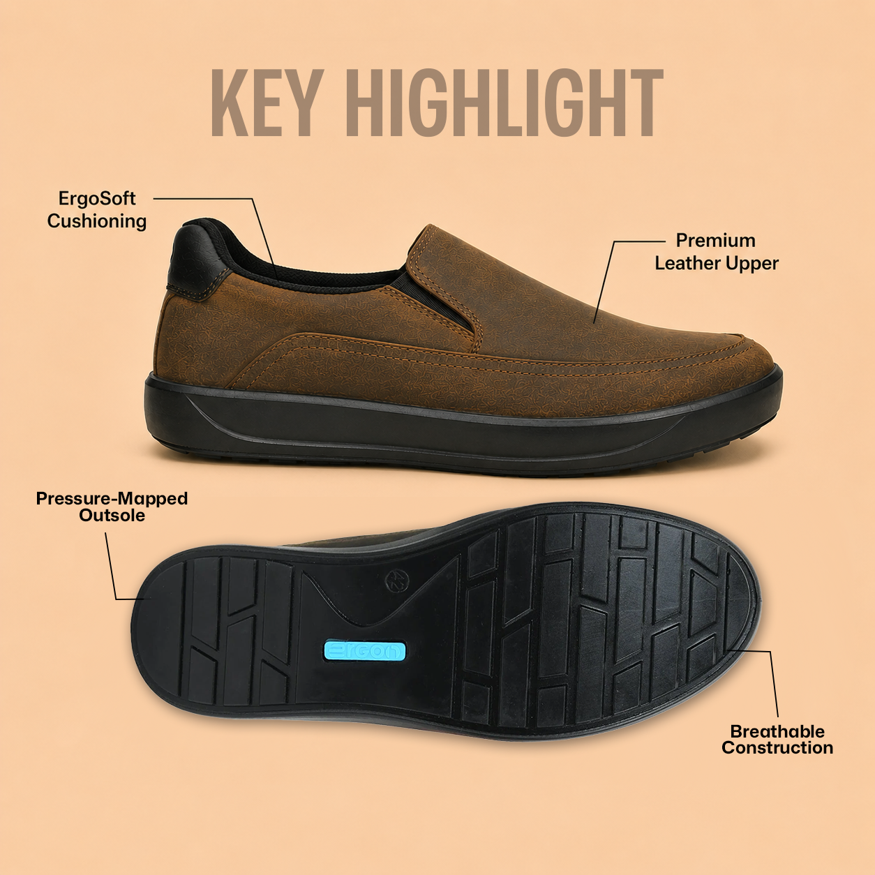 Ergon Men’s Tan Leather Comfort Slip-On Shoes Ergonstyle