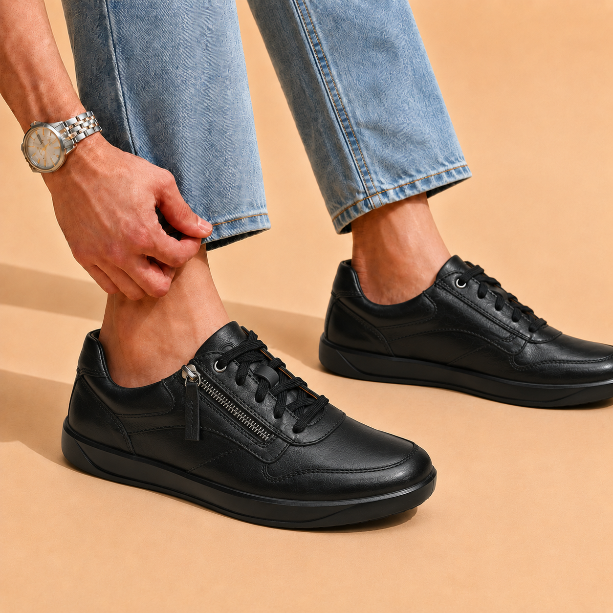 Tuscany Davos Men’s Zip‑In Black  Casual Sneakers Ergonstyle