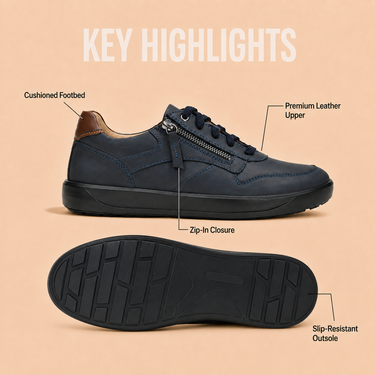 Tuscany Davos Men’s Zip‑In Navy Casual Sneakers Ergonstyle