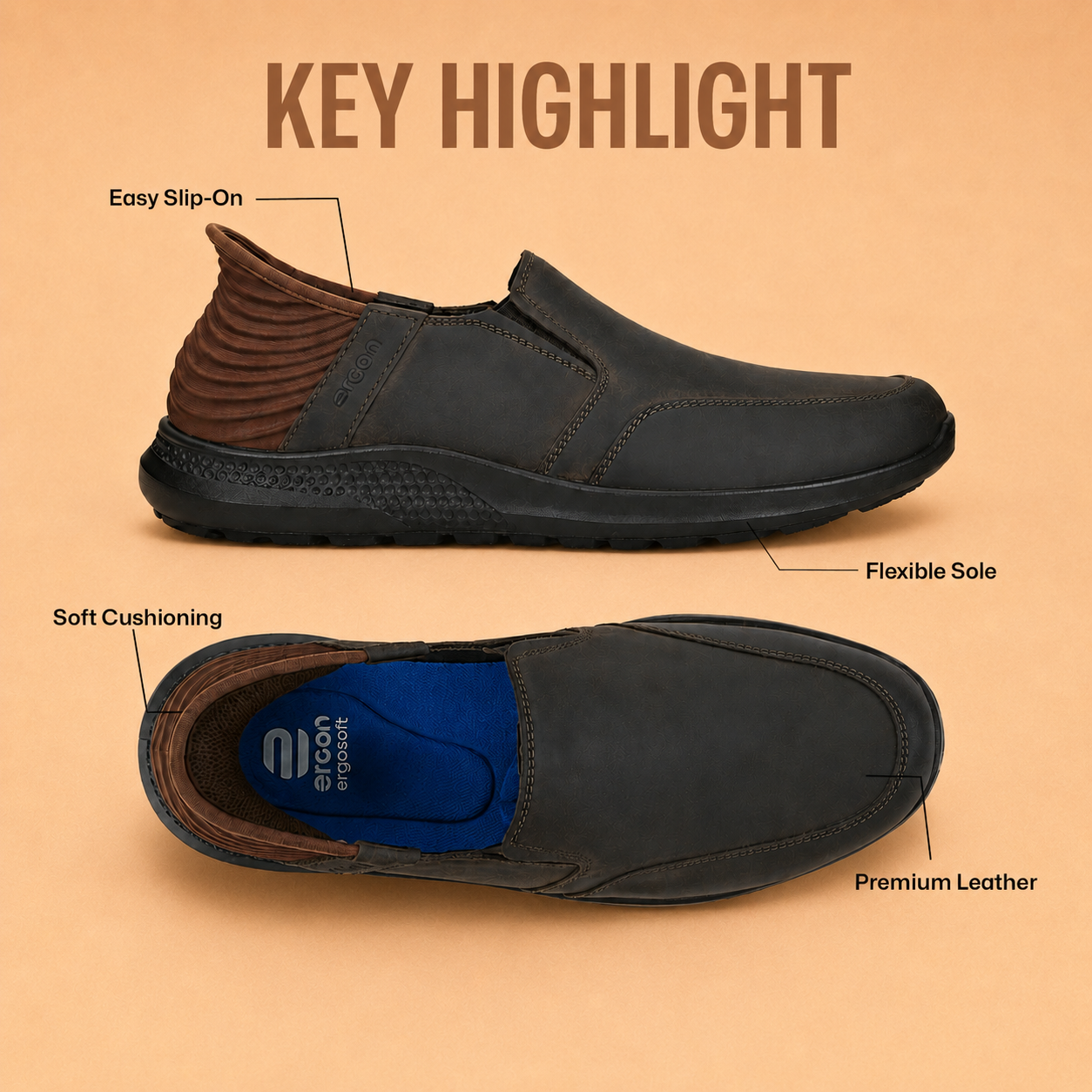 Ergon Men's Dark Brown Leather Slide Casual Shoes Ergonstyle
