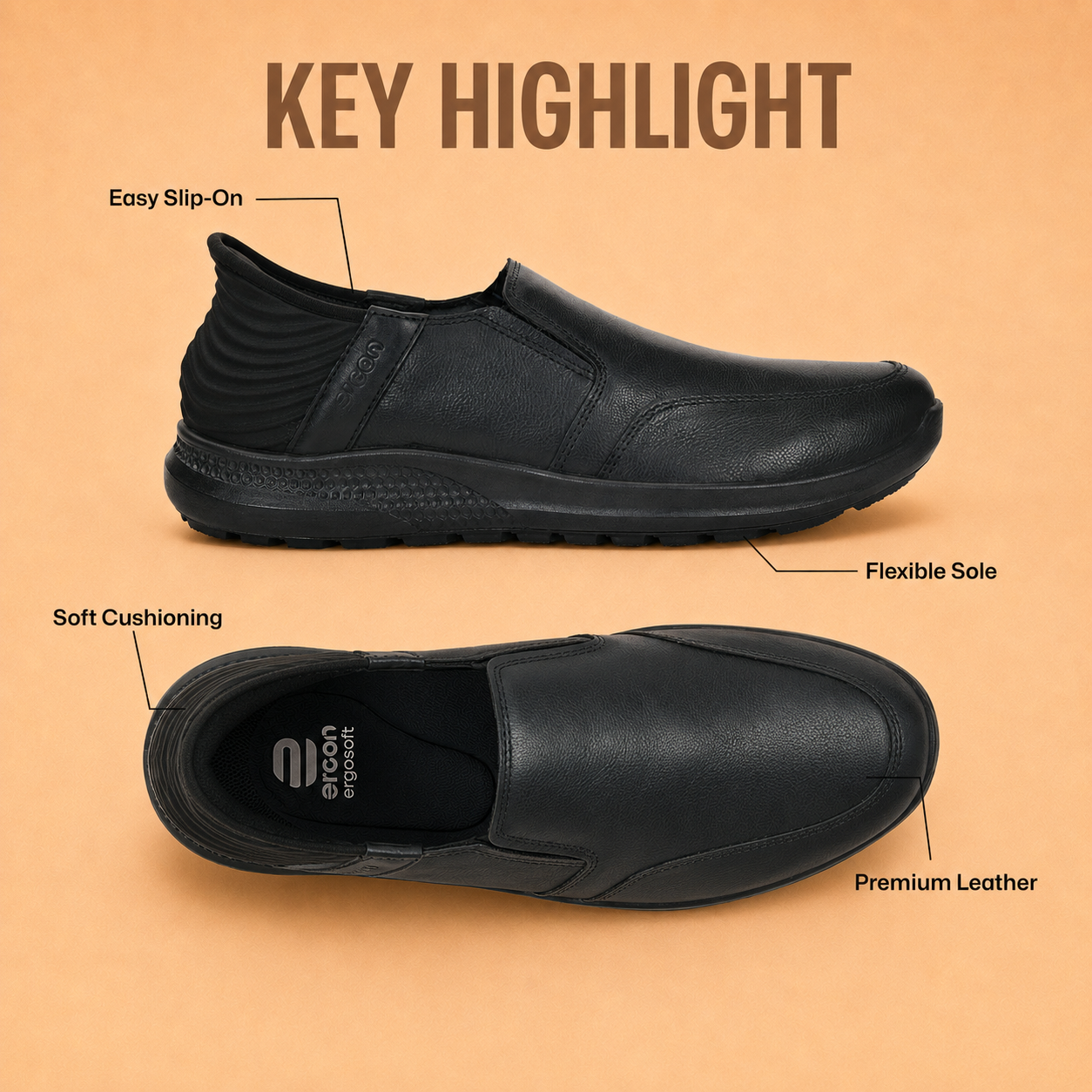 Ergon Men's Black Leather Slide Casual Shoes Ergonstyle