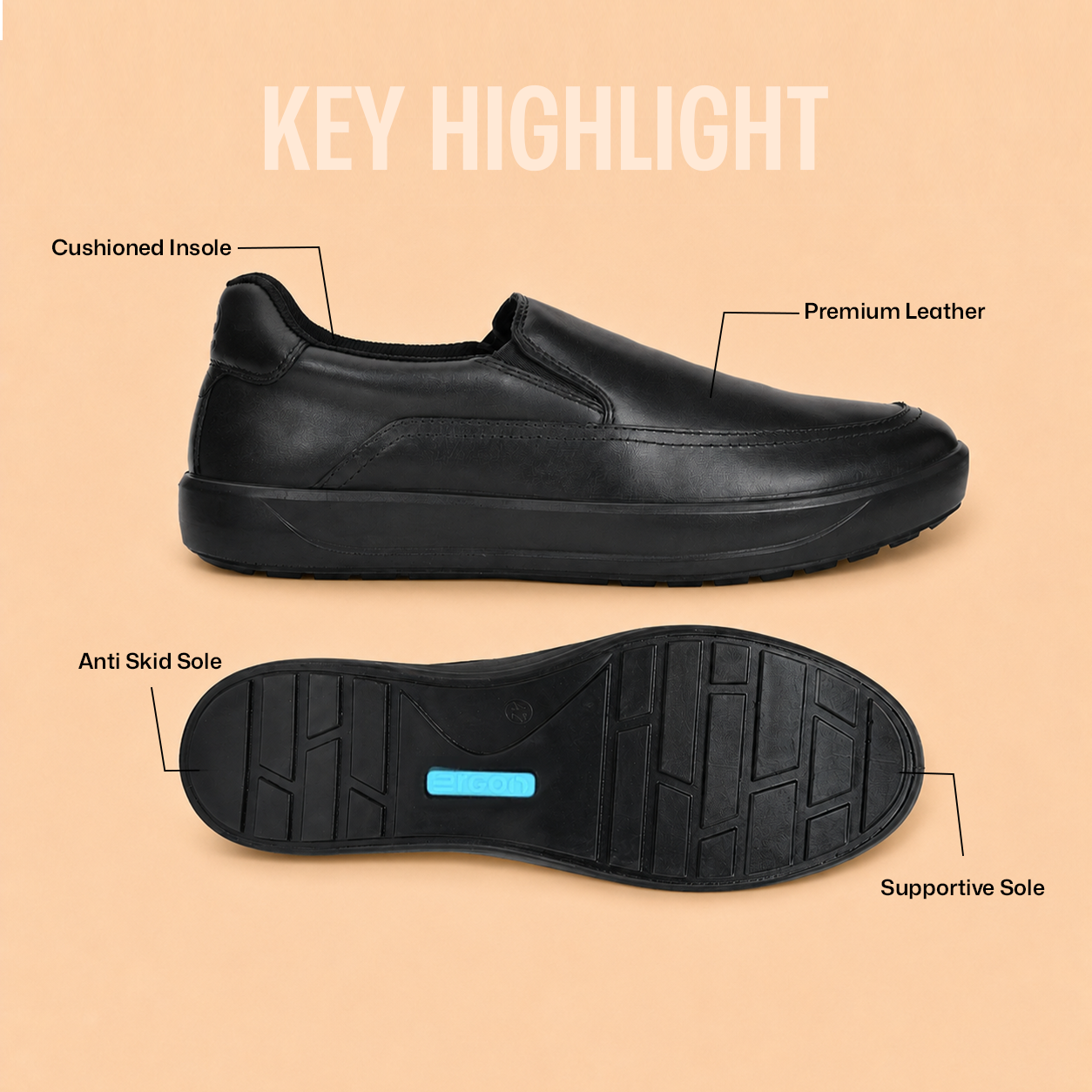 Ergon Men’s Black Leather Comfort Slip-On Shoes Ergonstyle